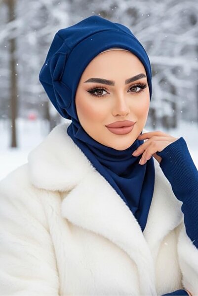 Aişe tesettür طقم قبعة وشال إسلامي بفيونكة زرقاء داكنة