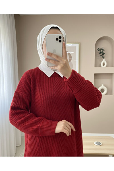 Modamorfo Crew Neck Diamond Pattern Knit Sweater -Red