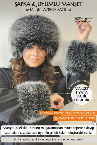 Mağazam Online Russian Style Long Fur Trendy Kalpak Hat Winter Plush Vegan Faux Fur - Soft Black Greyish