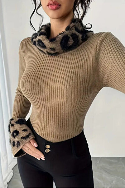 Cherry Butik Şal Dökümlü Yumoş Dokulu Leopar Detaylı Triko Kazak Bluz