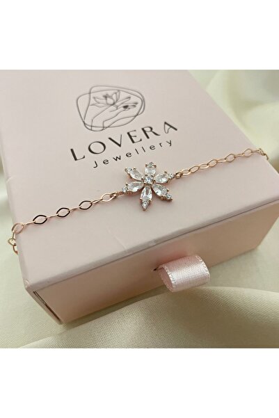 Lovera Jewellery 925 Ayar Gümüş Rose Renk Beyaz Taşlı Lotus Çiçeği Bileklik