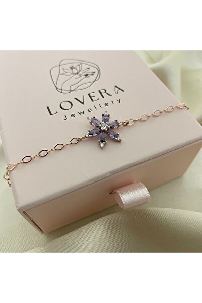 Lovera Jewellery 925 Ayar Gümüş Rose Renk Mor Taşlı Lotus Çiçeği Bileklik – 9...