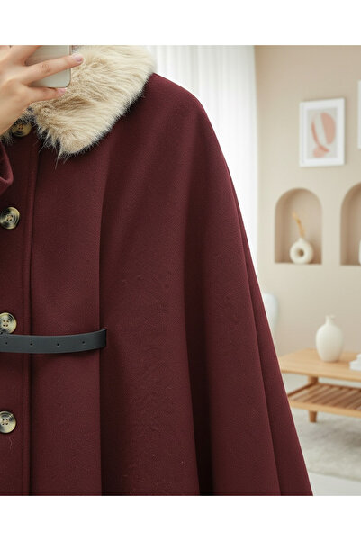Modamorfo Buttoned Cashmere Poncho with Fur Collar and Belted Waist - Burgundy