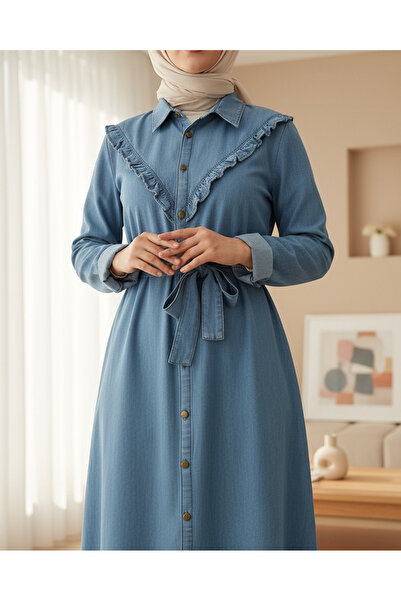 Modamorfo Džínové šaty s dlouhým pasem na knoflíky - modré