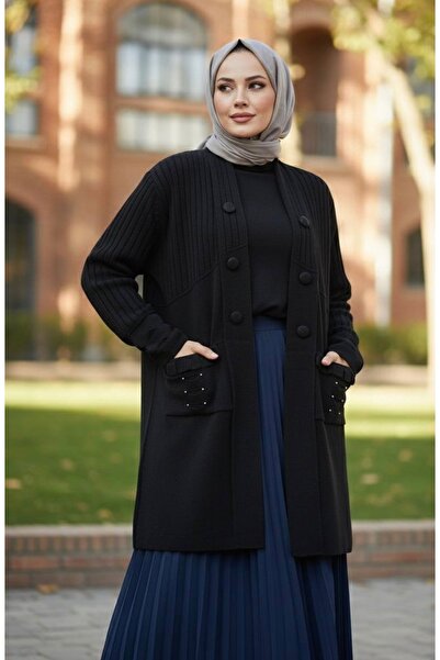 YusGos Women's Hijab Button Detailed Pocket Pearl Double Pocket Mother Cardigan