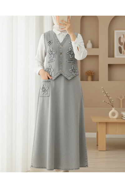 Modamorfo Φούστα με σχέδιο με ελαστική μέση Φούστα γιλέκο Τζιν Σετ -Γκρι