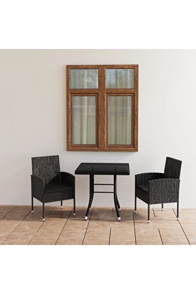 vidaxl طقم طعام للحديقة من 3 قطع مصنوع من مادة البولي راتان باللون الأسود