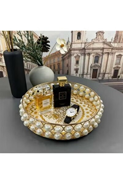 Generic Dressing Table Pearl Tray, Luxury Circular Metal Makeup Tray