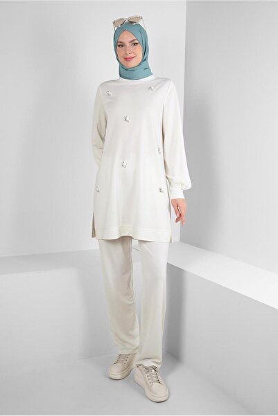 Alvina طقم بدلة رياضية بطبعة حجرية ورقبة دائرية وبنطلون - 43725