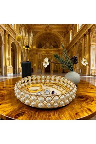 Generic Dressing Table Pearl Tray, Luxury Circular Metal Makeup Tray
