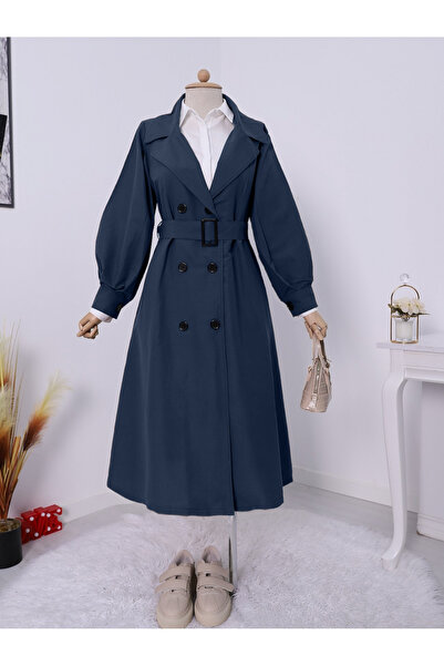 Modamorfo Trenčkot s bublinkovým rukávem s bočními kapsami a páskem -navy