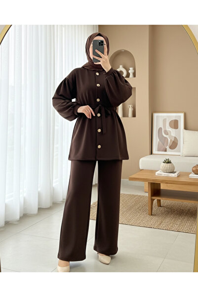 Modamorfo Balloon Sleeve Belted Front Buttoned Scuba Suit -K. Brown