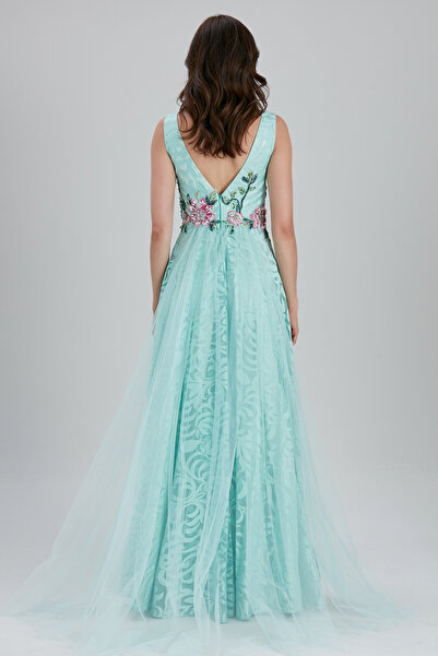 Neva Style Βραδινό φόρεμα με λεπτομέρεια λουλουδιών 7626MINT