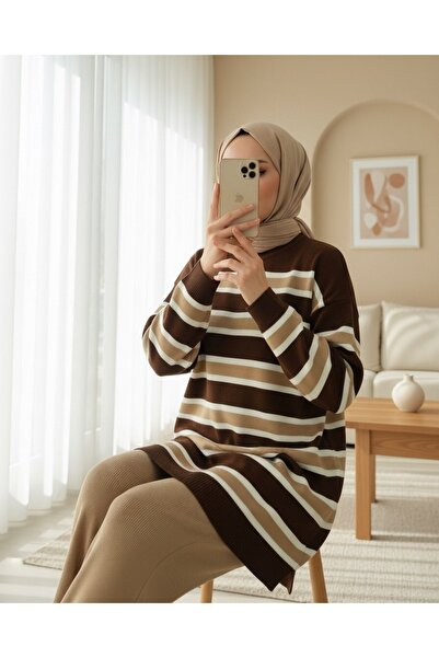 Modamorfo Round Neck Colorful Striped Casual Knitwear Set - Mink