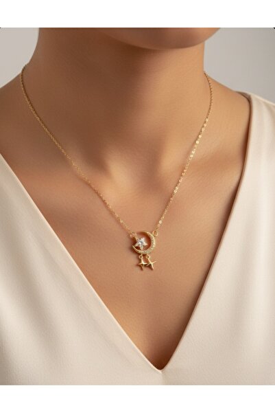 stainless steell سلسلة من الفولاذ 316L لون ذهبي وحجر الزركون ونموذج الهلال وت...