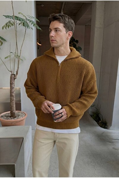 COOL TARZ Light Mustard Men's Oversize Zippered Fisherman Sweater