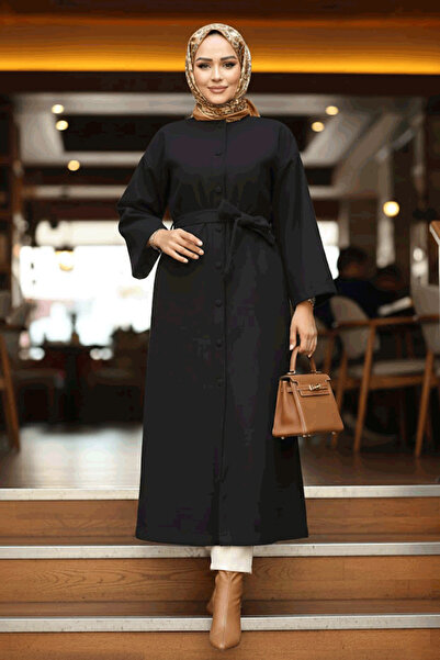Neva Style Μαύρο Κασμίρ Ζώνη Hijab Coat - 61302S
