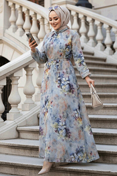 Neva Style Φόρεμα Μπλε Χιτζάμπ με Λουλούδια 27995M