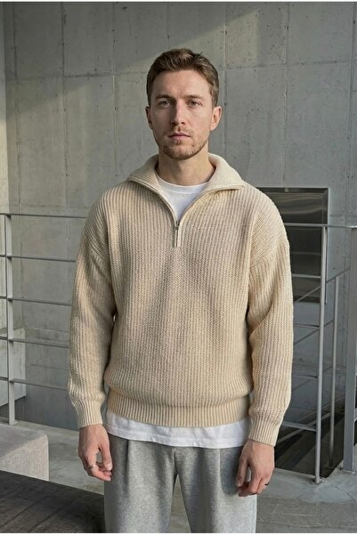 COOL TARZ Mink Men's Oversize Zippered Fisherman Knitwear Sweater