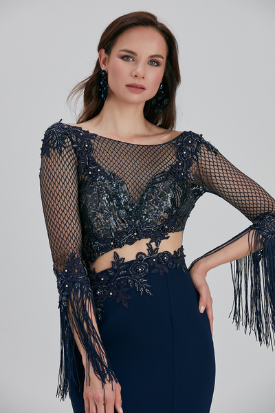 Neva Style Rochie de seara albastru bleumarin cu broderie cu margele 75501L