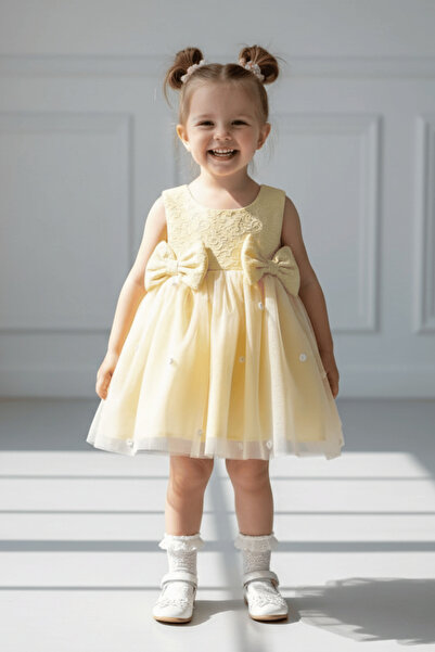 Bertuğ Bebek Brokar Sarı Hayal Tül Gül Detaylı Fiyonklu Abiye Elbise