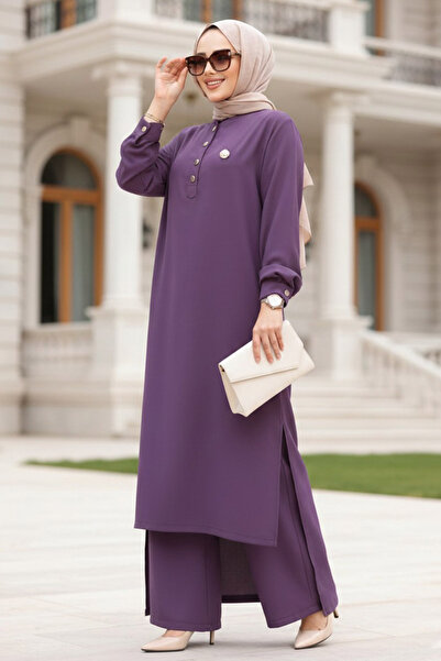 N.S NEVA STYLE Button Detailed Lilac Hijab Double Set 76641Lila