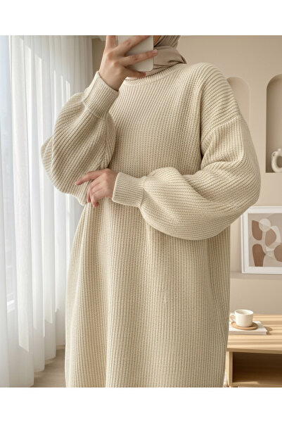 Modamorfo Yuvarlak Yaka Salaş Triko Tunik -Açık Vizon