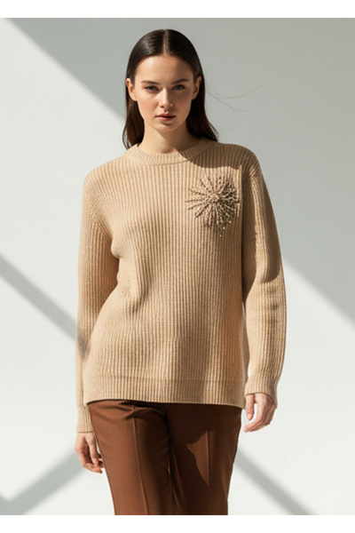 Exquise Taş Detaylı Uzun Kollu Kemik Triko Kazak