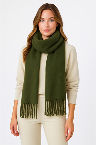 CapZone Kadın Yumuşak Püsküllü Atkı | Kalın Kışlık Soft Şal Haki