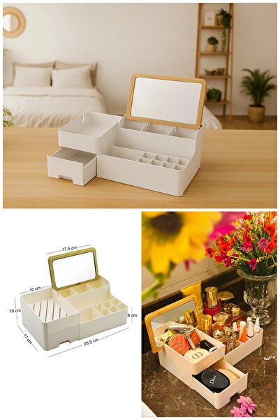 MAKRİ HOME Bambu Aynalı Kozmetik Takı Makyaj Organizer, 29 x 17,5 x 10 cm, Portatif Bambu Aynalı