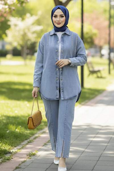 Hb Harma Time Butik Women's Denim Jacket Pants Two-Piece Denim Blue Set