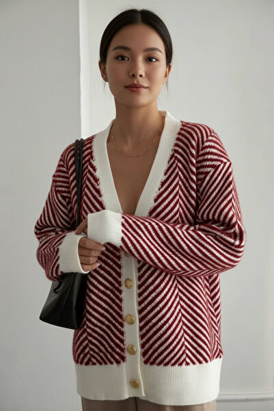 NEWCO Women's Button-Detail Daily and Office Stylish Yumoş Oversize Knitwear Sweater Cardigan - Red