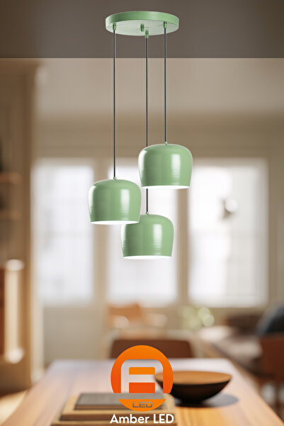 AmberLED Modern Metal Gövdeli 3'lü Tepsi Sarkıt Yeşil Beyaz E27 Uyumlu