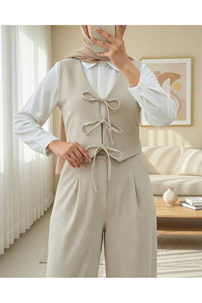 Modamorfo Tie-Front Vest Trousers Velvet Suit - Beige