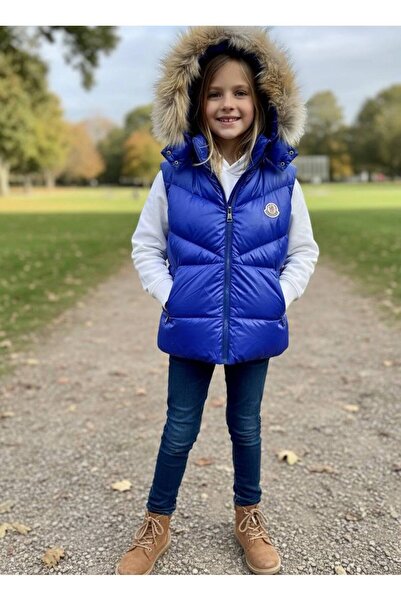 YusGos Baby Girl Child Waterproof Zippered Furry Hooded Pocket Inflatable Padded Vest (2-15 Years) Blue 5 Years