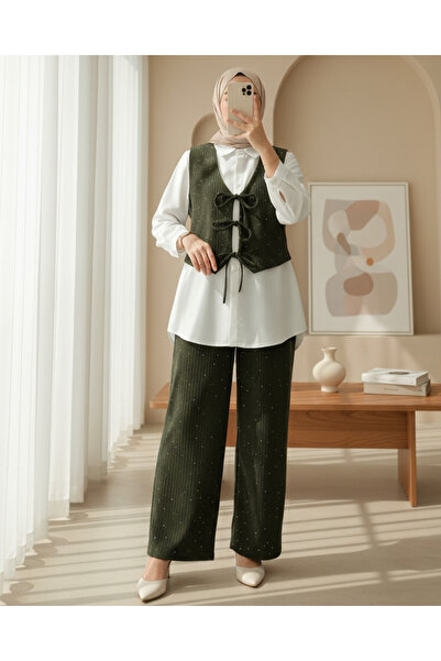 Modamorfo Tie-Front Vest Pants Velvet Suit - Khaki