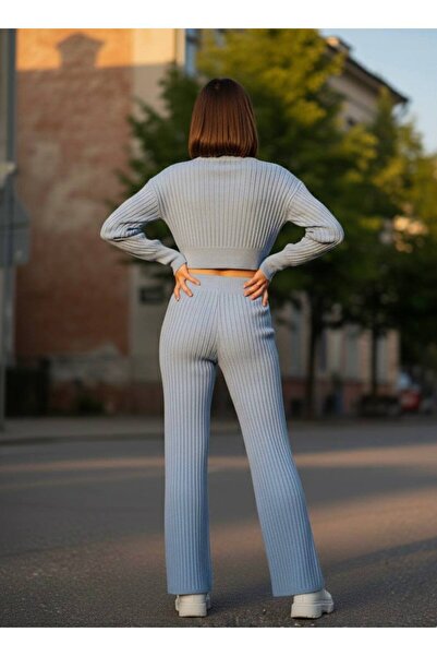 YusGos Women's Half Fisherman Knit Crop Sweater Pants Knitwear Top and Bottom Set Blue S