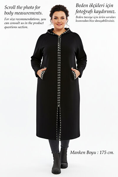 Laden Kadın Çelik Örgü triko Orta Kalın Mevsimlik Büyük Beden Anne Kapüşonlu Fermuarlı Uzun Siyah Hırka