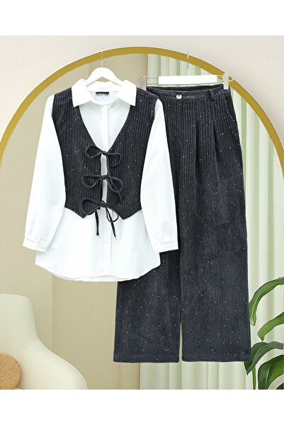 Modamorfo Tie-Front Vest Trousers Velvet Suit - Anthracite