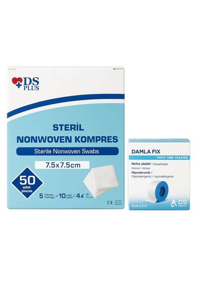 DS PLUS Spanç Nonwoven Kompres 7,5 cm x 7,5 cm 1 Kutu 5 Lİ Zarf (50 Adet) 5cm x 5 metre Plaster 1 Adet