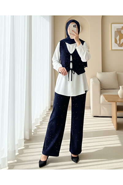 Modamorfo Tie-Front Vest Trousers Velvet Suit - Navy