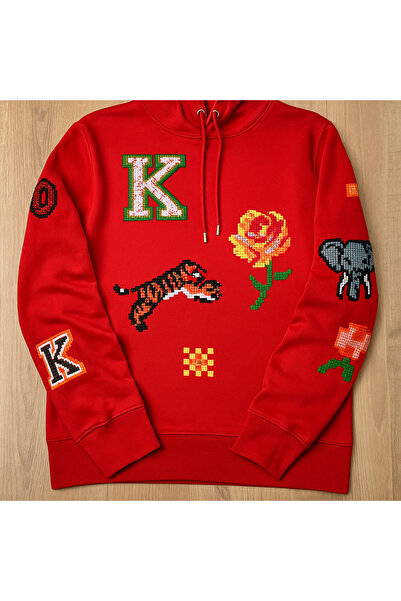 YusGos Unisex Men/Women High Quality Concept Cotton Hooded Knz Sweatshirt with Arm and Chest Embroidery Red