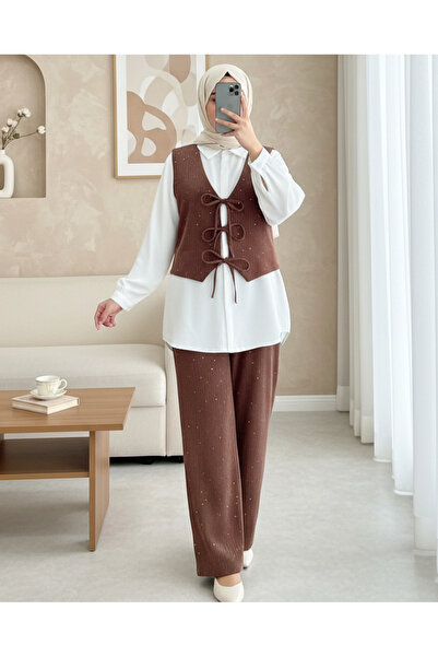 Modamorfo Tie-Front Vest and Pants Velvet Suit -Tile