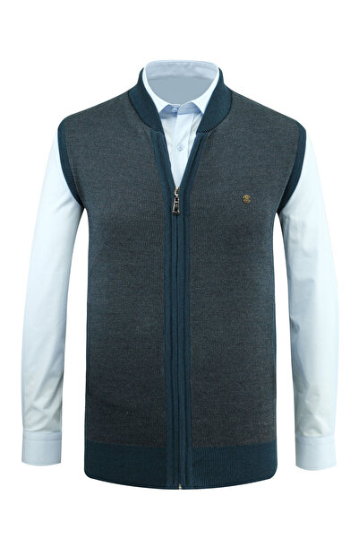 Çizgi Triko Γραμμωτό Πλεκτό Ανδρικό Πλεκτό Γιλέκο με Φερμουάρ και Τσέπες από Ατσάλι Κλασική Λειτουργία - 5015J