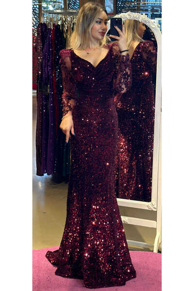 Abiyeniall Vişne Renk Uzun Kollu Balık Etekli Pul Payet Uzun Abiye Elbise 7438