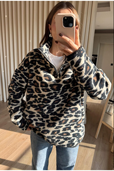 Mzr Collection KADIN LEOPAR DESEN PELUŞ FERMUARLI SWEATSHİRT