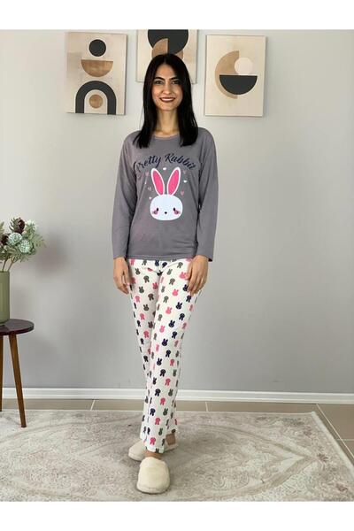 YusGos Women's Rabbit Patterned Pajama Set (Grey-White) Gray L