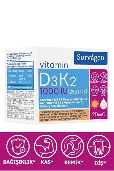 Sorvagen D3K2 Damla (1000 Iu) 20 ml (Vitamin D3 of German Origin)
