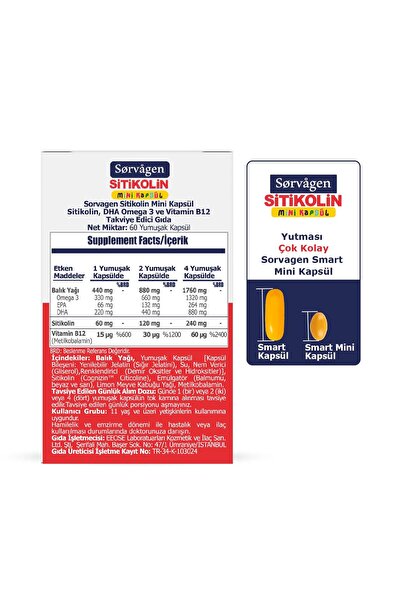 Sorvagen MİNİ KAPSÜL SİTİKOLİN, DHA OMEGA 3 VE B12 - 60 kapsül