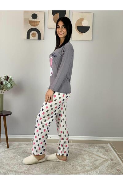 YusGos Women's Rabbit Patterned Pajama Set (Grey-White) Gray L